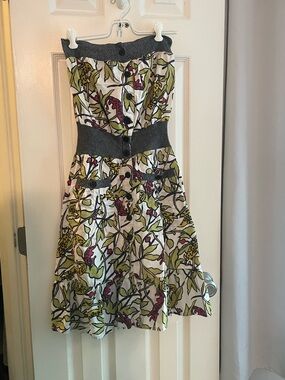 Strapless Botanical Dress in White, Green and Pink